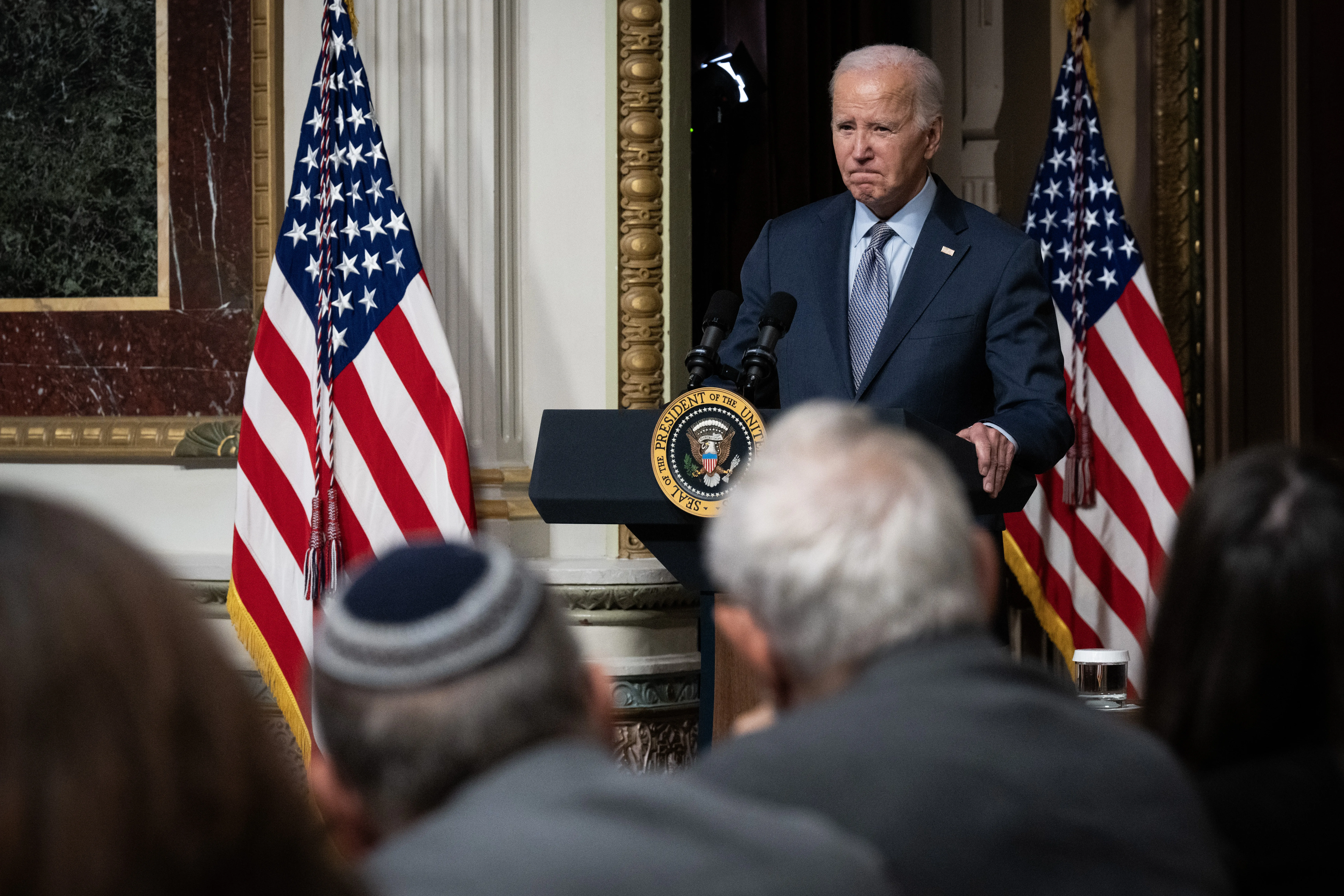 U.S. President Joe Biden speaks during a roundtable with Jewish community leaders in the Indian Treaty Room of the Eisenhower Executive Office Building, Oct. 11, 2023, in Washington, D.C.?w=200&h=150
