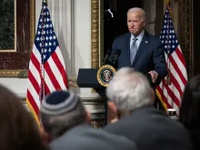 U.S. President Joe Biden speaks during a roundtable with Jewish community leaders in the Indian Treaty Room of the Eisenhower Executive Office Building, Oct. 11, 2023, in Washington, D.C.
