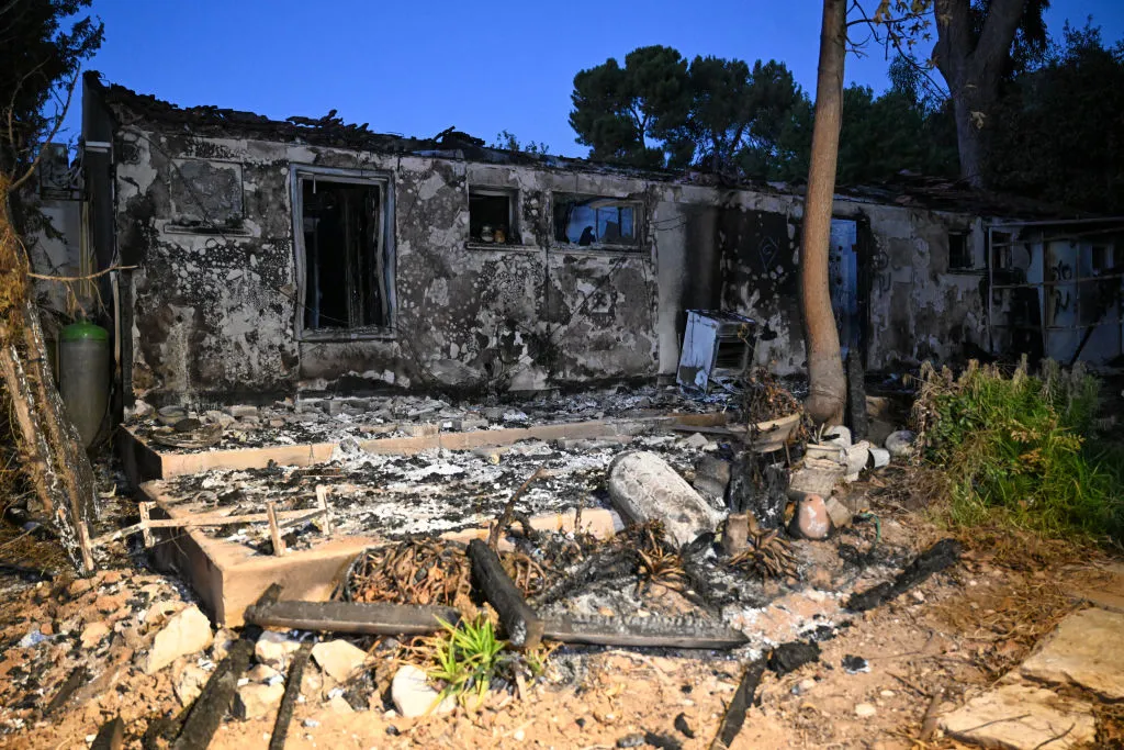A house is completely destroyed after being burned by Hamas militants during the attack at Kibbutz Be'eri, near the border with Gaza on Oct. 11, 2023, in Be'eri, Israel.?w=200&h=150