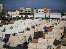A general view of tents set up for Palestinians seeking refuge along the Gaza Strip on Oct. 20, 2023, in Khan Yunis, Gaza.