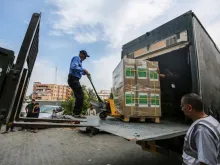 Workers distribute medical aid and medicines to Nasser Medical Hospital in the city of Khan Yunis, south of the Gaza Strip, which recently arrived through the Rafah crossing on Oct. 29, 2023, in Khan Yunis, Gaza.