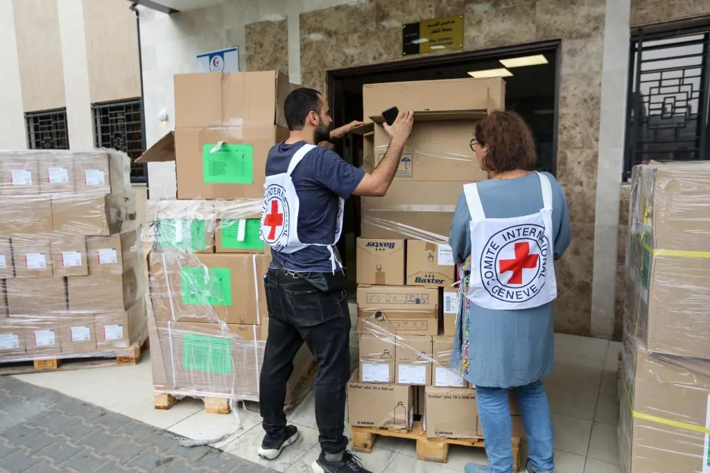 Workers prepare to distribute medical aid and medicines to Nasser Medical Hospital in the city of Khan Yunis, south of the Gaza Strip, which recently arrived through the Rafah crossing on Oct. 29, 2023, in Khan Yunis, Gaza.?w=200&h=150