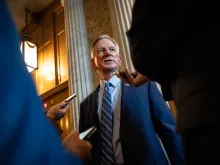 Sen. Tommy Tuberville, R-Alabama, speaks to reporters on his way to a closed-door lunch meeting with Senate Republicans at the U.S. Capitol Nov. 7, 2023, in Washington, D.C.