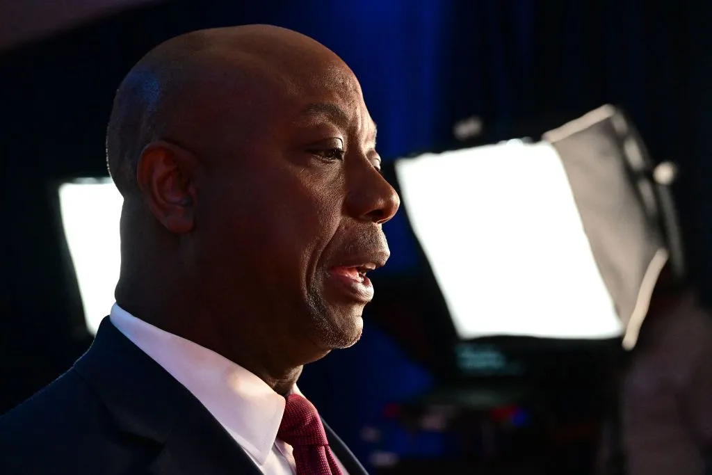 Sen. Tim Scott, R-South Carolina, speaks to members of the media in the spin room following the third Republican presidential primary debate at the Adrienne Arsht Center for the Performing Arts in Miami on Nov. 8, 2023.?w=200&h=150