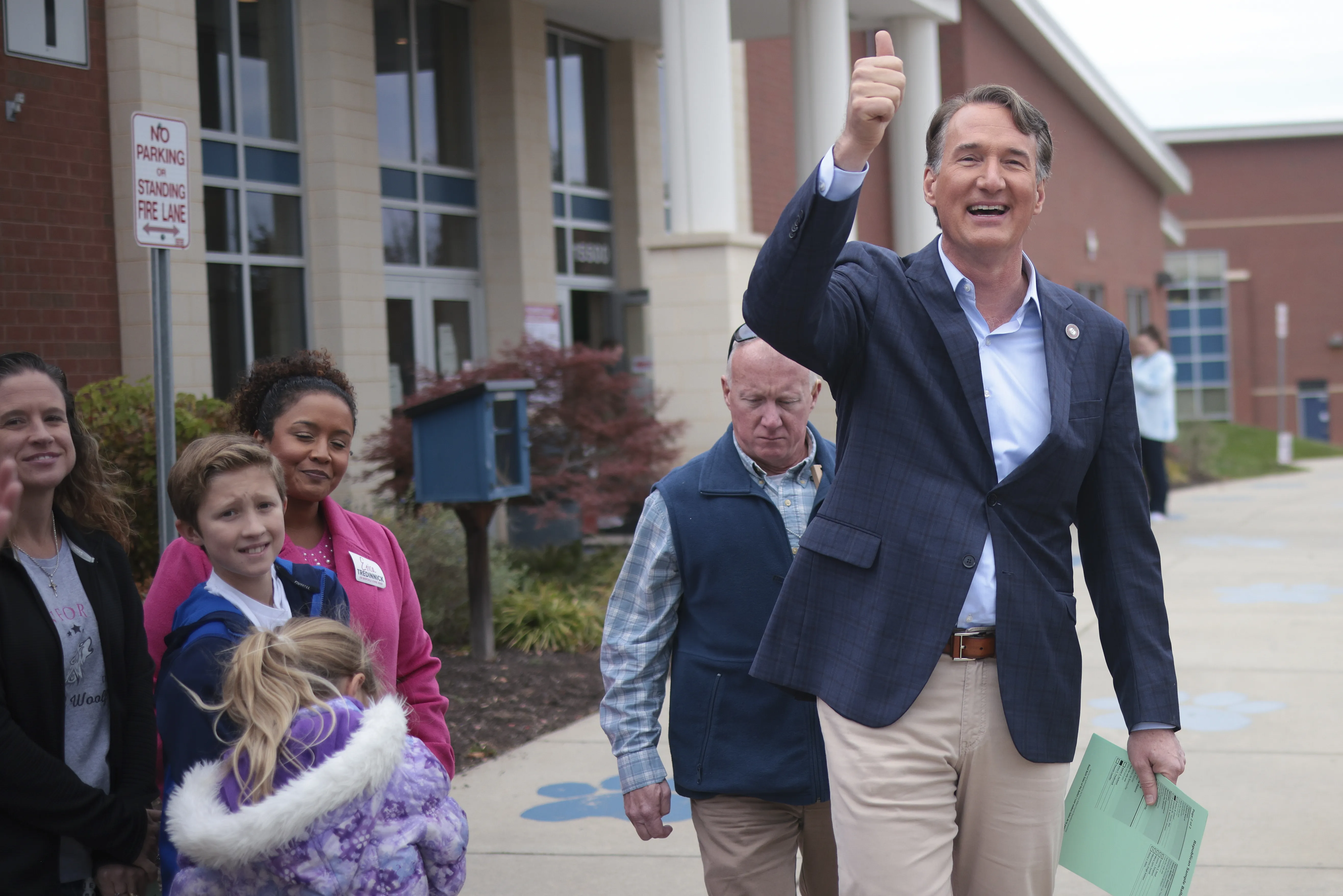 Virginia Gov. Glenn Youngkin greets voters at Haymarket Elementary School Nov. 7, 2023, in Haymarket, Virginia.?w=200&h=150