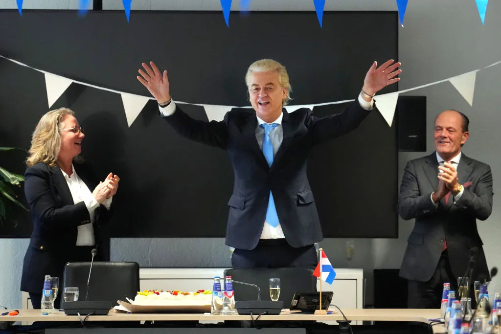Geert Wilders, the leader of the Dutch Party for Freedom (PVV), celebrates in his party office after his party's victory in yesterday's general election, on November 23, 2023, in The Hague, Netherlands. The Netherlands' far-right, anti-EU leader Geert Wilders won the most votes in parliamentary elections on November 22, dominated by debate around rising immigration in the Netherlands.?w=200&h=150