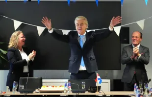 Geert Wilders, the leader of the Dutch Party for Freedom (PVV), celebrates in his party office after his party's victory in yesterday's general election, on November 23, 2023, in The Hague, Netherlands. The Netherlands' far-right, anti-EU leader Geert Wilders won the most votes in parliamentary elections on November 22, dominated by debate around rising immigration in the Netherlands. Credit: Carl Court/Getty Images