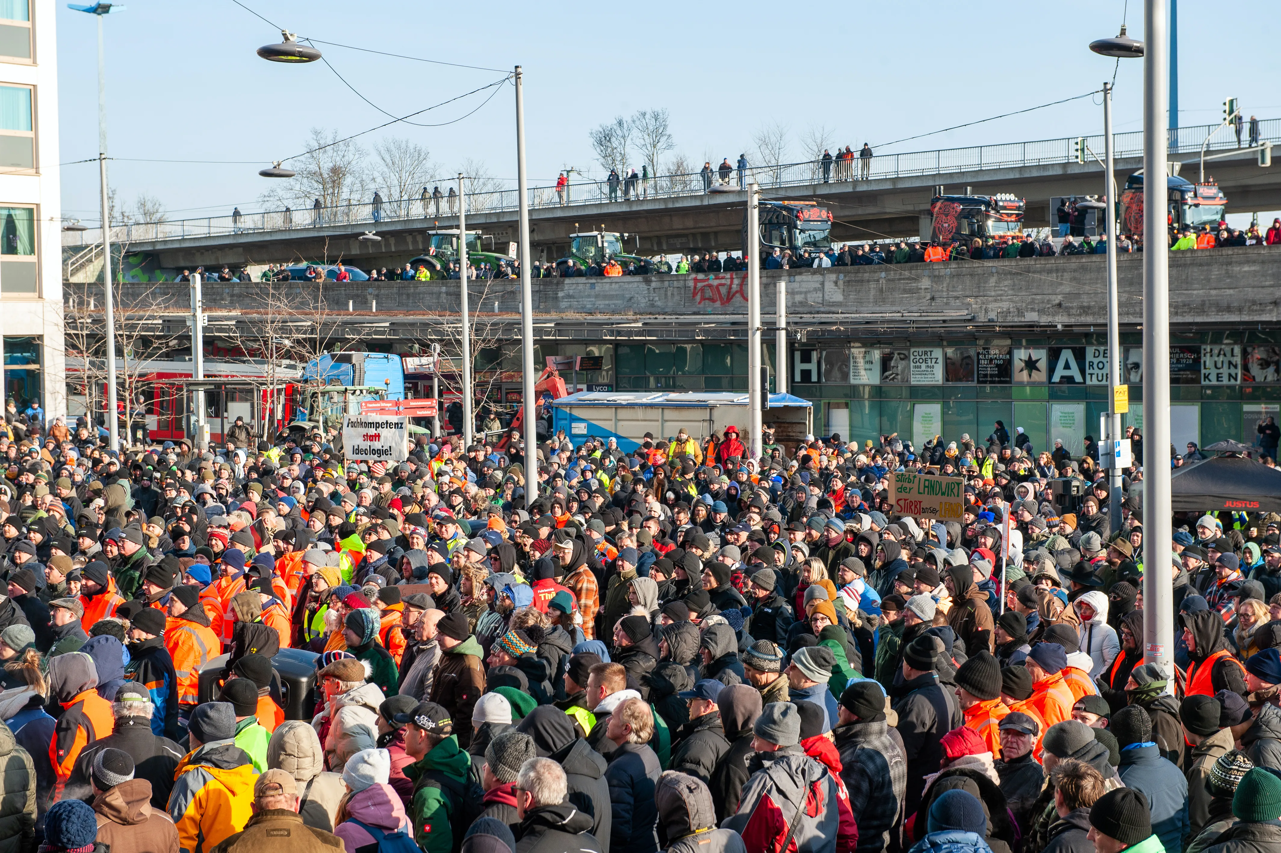 Farmers use their tractors and hold a rally blocking access to the Riebeckplatz on the first day of a week of protests on Jan. 8, 2024, in central Halle (Saale), Saxony-Anhalt, Germany.?w=200&h=150