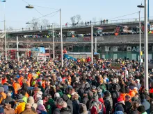 Farmers use their tractors and hold a rally blocking access to the Riebeckplatz on the first day of a week of protests on Jan. 8, 2024, in central Halle (Saale), Saxony-Anhalt, Germany.