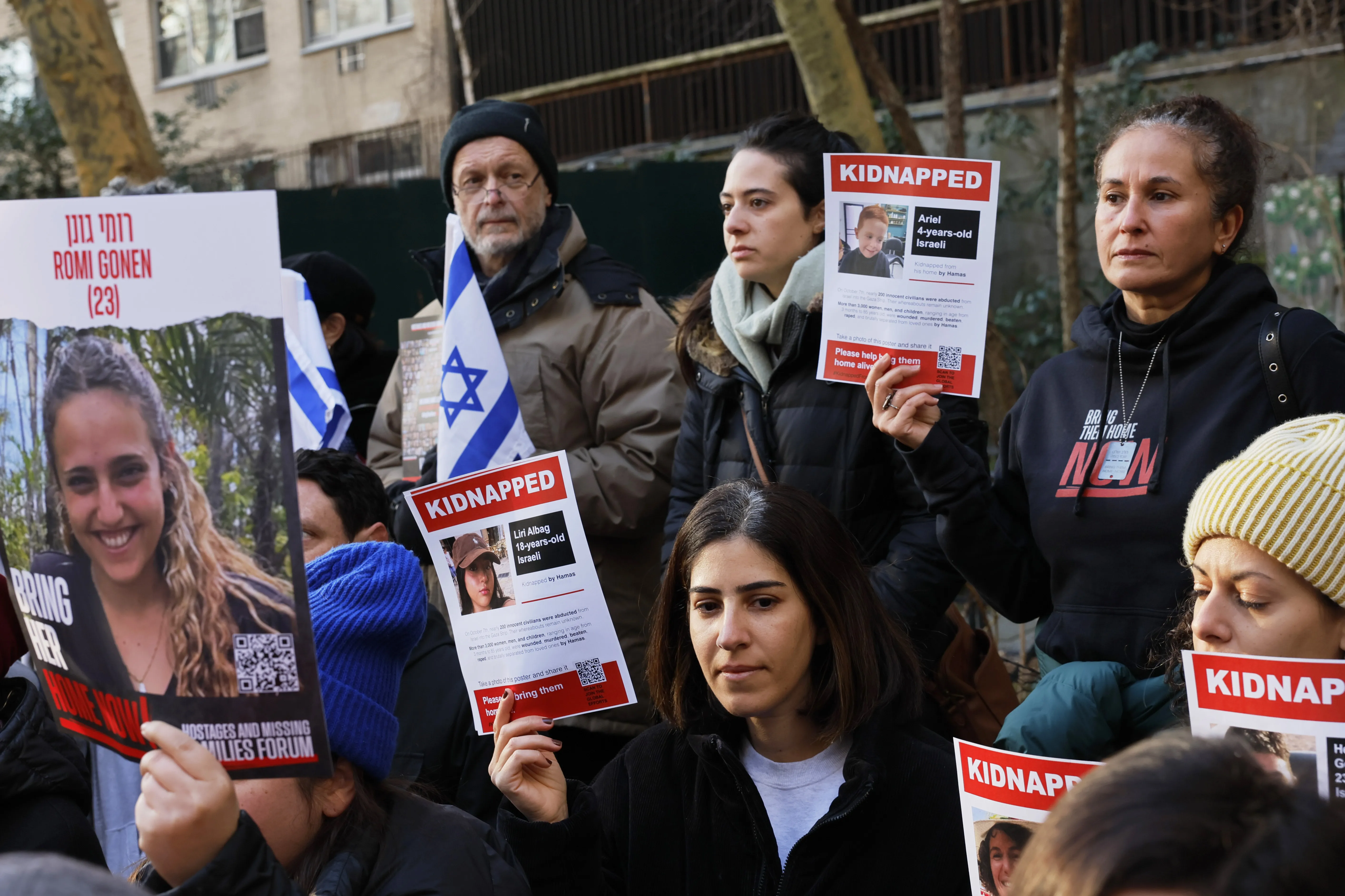 People attend a rally for the release of the hostages kidnapped by Hamas at Dag Hammarskjold Plaza near the U.N. headquarters on Jan. 12, 2024, in New York City.?w=200&h=150