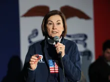 Gov. Kim Reynolds, R-Iowa, speaks at a campaign event for Republican presidential candidate Florida Gov. Ron DeSantis at The Grass Wagon on Jan. 13, 2024 in Council Bluffs, Iowa.