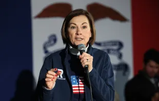 Gov. Kim Reynolds, R-Iowa, speaks at a campaign event for Republican presidential candidate Florida Gov. Ron DeSantis at The Grass Wagon on Jan. 13, 2024 in Council Bluffs, Iowa. Credit: Kevin Dietsch/Getty Images