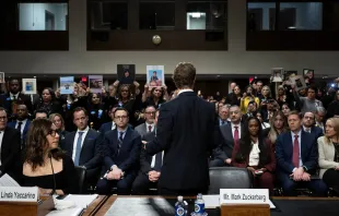 Mark Zuckerberg, CEO of Meta, speaks to victims and their family members as he testifies during the US Senate Judiciary Committee hearing "Big Tech and the Online Child Sexual Exploitation Crisis" in Washington, D.C., on Jan. 31, 2024. Credit: BRENDAN SMIALOWSKI/AFP via Getty Images