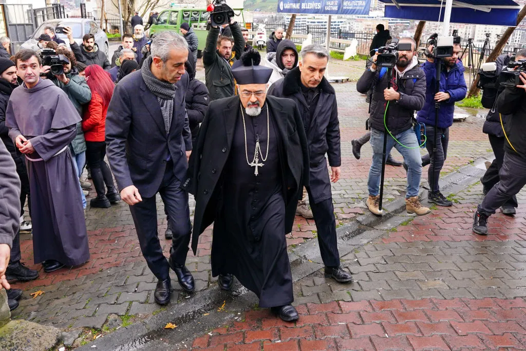 Bishop Massimiliano Palinuro arrives at the Jan. 29, 2024, funeral of Tuncer Murat Cihan, 52, who was murdered during Sunday Mass at Santa Maria Italian Church on Jan. 28 in Istanbul, Turkey.?w=200&h=150