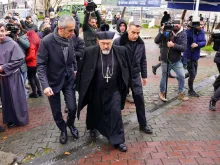 Bishop Massimiliano Palinuro arrives at the Jan. 29, 2024, funeral of Tuncer Murat Cihan, 52, who was murdered during Sunday Mass at Santa Maria Italian Church on Jan. 28 in Istanbul, Turkey.