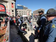 Law enforcement responds to a shooting at Union Station during the Kansas City Chiefs Super Bowl LVIII victory parade on Feb. 14, 2024, in Kansas City, Missouri.