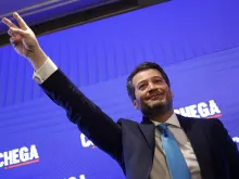 Chega leader Andre Ventura addresses supporters at Marriot Hotel, where the party holds the election night event, in Lisbon, Portugal, on March 10, 2024.
