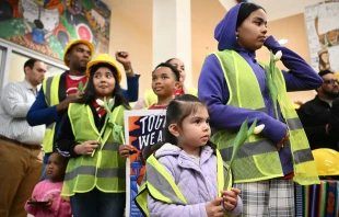 Baltimore workers and relatives attend a press conference to honor families and victims of the March 26 collapse of the Francis Scott Key Bridge after it was struck by the container ship Dali, in Baltimore, Maryland, on March 29, 2024. Credit: MANDEL NGAN/AFP via Getty Images