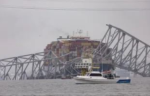 Workers continue to investigate and search for victims after the cargo ship Dali collided with the Francis Scott Key Bridge causing it to collapse yesterday, on March 27, 2024, in Baltimore. Credit: Scott Olson/Getty Images