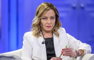 Italian Prime Minister Giorgia Meloni is seen on the set of the TV show “Porta a Porta” at Rai Studios, on April 4, 2024, in Rome, Italy. Credit: Antonio Masiello/Getty Images