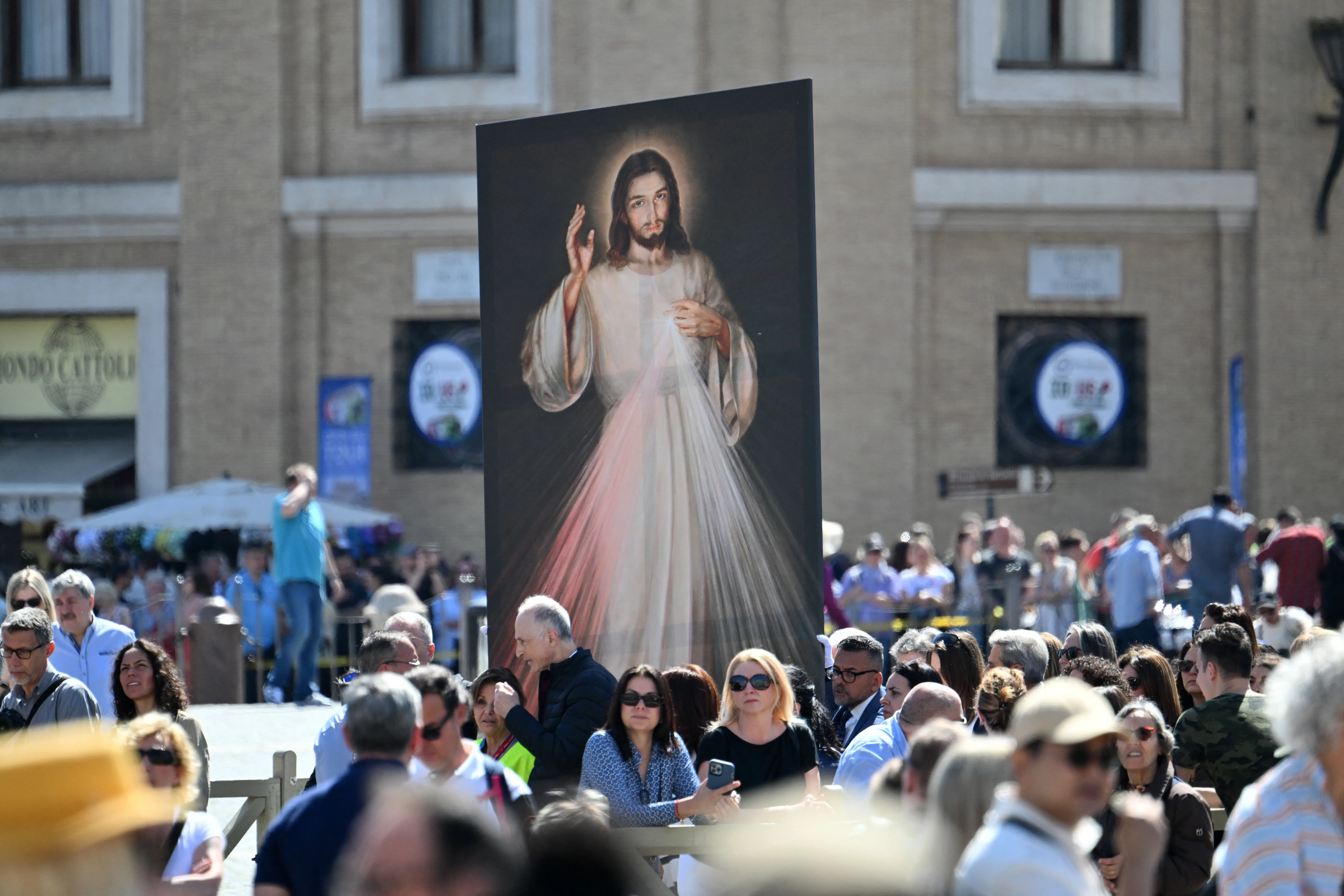The Divine Mercy image is displayed at St. Peter's Square before Pope Francis Regina Caeli prayer on April 7, 2024.?w=200&h=150