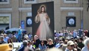 The Divine Mercy image is displayed at St. Peter's Square before Pope Francis Regina Caeli prayer on April 7, 2024.