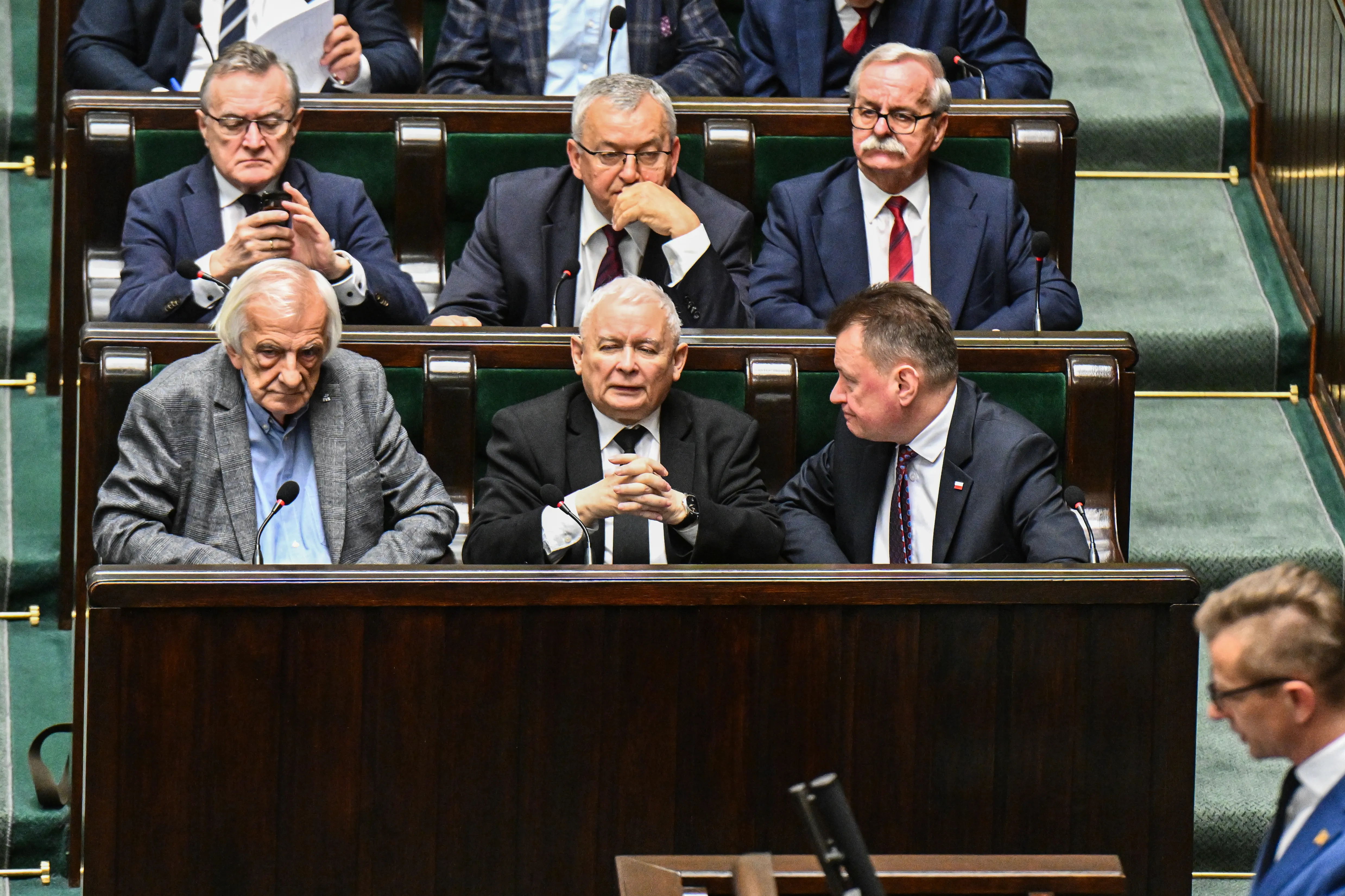 Jaroslaw Kaczynski (front, center), leader of the Law and Justice political party (PiS) in Poland, takes part in the voting on four draft projects on abortion rights at the Polish Parliament (SEJM) on April 12, 2024, in Warsaw, Poland.?w=200&h=150