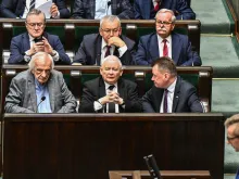 Jaroslaw Kaczynski (front, center), leader of the Law and Justice political party (PiS) in Poland, takes part in the voting on four draft projects on abortion rights at the Polish Parliament (SEJM) on April 12, 2024, in Warsaw, Poland.