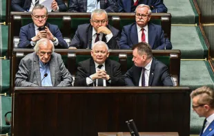 Jaroslaw Kaczynski (front, center), leader of the Law and Justice political party (PiS) in Poland, takes part in the voting on four draft projects on abortion rights at the Polish Parliament (SEJM) on April 12, 2024, in Warsaw, Poland. Credit: Omar Marques/Getty Images
