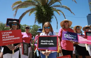 People join together during a “Rally to Stop the Six-Week Abortion Ban” held at Lake Eola Park on April 13, 2024, in Orlando, Florida. Credit:  Joe Raedle/Getty Images