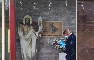 A member of New South Wales Forensic Police is seen at Christ the Good Shepherd Church in the Sydney suburb of Wakeley, Australia, on April 16, 2024. Hundreds clashed with police in western Sydney on April 15 after Bishop Mar Mari Emmanuel was stabbed at the altar. New South Wales police have declared the attack a terror event. Police apprehended a 16-year-old in connection with the attack. Credit: Lisa Maree Williams/Getty Images
