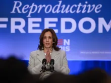 Vice President Kamala Harris speaks about Florida’s new six-week abortion ban during an event at the Prime Osborn Convention Center on May 1, 2024, in Jacksonville, Florida.