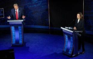 Republican presidential nominee former president Donald Trump and Democratic presidential nominee Vice President Kamala Harris debate for the first time during the presidential election campaign at the National Constitution Center on Sept. 10, 2024, in Philadelphia. Credit: Win McNamee/Getty Images