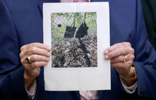 Palm Beach County Sheriff Ric Bradshaw holds a photograph of the rifle and other items found near where a suspect was discovered during a press conference regarding an apparent assassination attempt of former President Donald Trump on Sept. 15, 2024, in West Palm Beach, Florida. Credit:  Joe Raedle/Getty Images