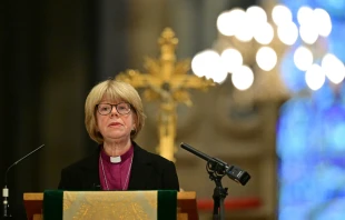 Britain’s new archbishop of Canterbury-designate, Sarah Mullally, speaks at Canterbury Cathedral in southeast England following the announcement of her posting on Friday, Oct. 3, 2025. Credit: BEN STANSALL/AFP via Getty Images