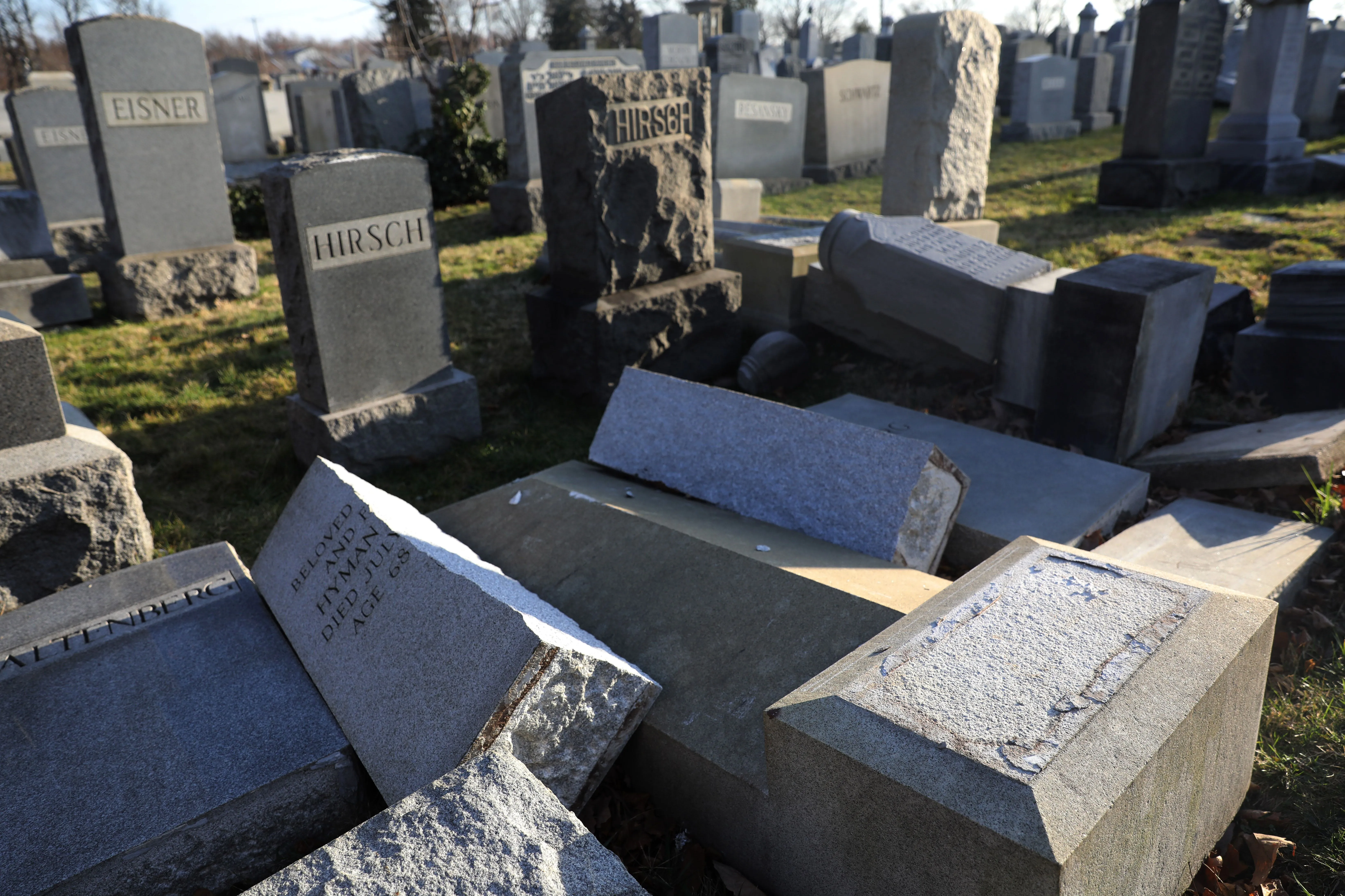 Vandalized tombstones are seen at the Jewish Mount Carmel Cemetery, Feb. 26, 2017, in Philadelphia.?w=200&h=150