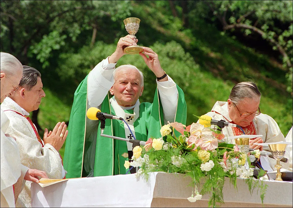 St. John Paul II during an open-air Mass on June 9, 1991, in Warsaw, Poland.?w=200&h=150
