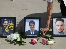 Flowers are placed alongside a photograph of Ignacio Echeverría and others killed in the London Bridge terror attack prior to a commemoration service on June 3, 2018, the first anniversary of the attack that killed eight people and injured dozens more.