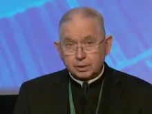 Archbishop José H. Gomez of Los Angeles, the outgoing president of the United States Conference of Catholic Bishops, speaking on Nov. 15, 2022, at the conference's fall assembly in Baltimore.