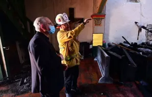 Archbishop Jose Gomez of Los Angeles visits the scene of the fire at Mission San Gabriel church, July 11, 2020. Jon McCoy/Angelus News