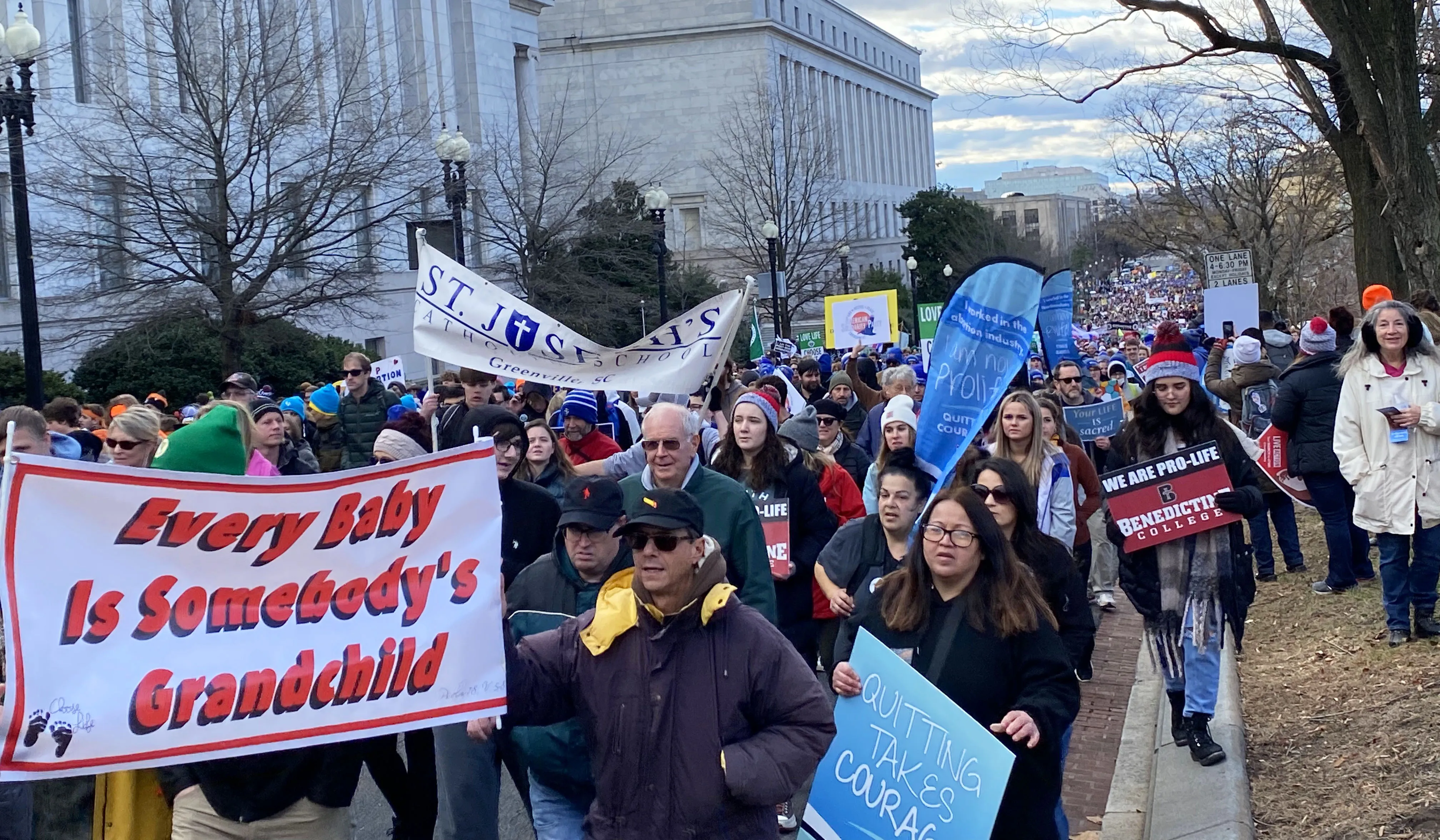 Pro-life marchers carry a banner reading “Every baby is somebody’s grandchild” at the March for Life in Washington, D.C., on Jan. 20, 2023.?w=200&h=150