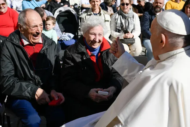 Pope Francis greets an elderly couple at a general audience in St. Peter's Square at the Vatican.?w=200&h=150