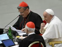 Cardinal Mario Grech and Pope Francis at the conclusion of the Synod on Synodality on Oct. 28, 2023.