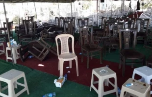 Aftermath of the attack on the inauguration of Hagia Sophia Greek Orthodox Church in Al-Suqaylabiyah, Syria, July 24, 2022. Courtesy photo from inauguration participant