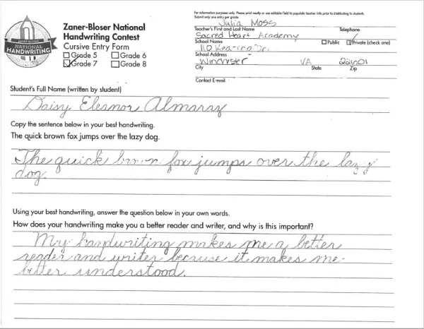 Daisy Almaraz's winning entry in the seventh-grade section of the 2023 Zaner-Bloser National Handwriting Contest. Credit: Sacred Heart Academy