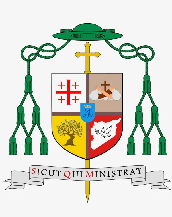 The coat of arms chosen by the newly ordained Bishop Hanna Jallouf as he begins his new role as apostolic vicar of Aleppo for the Latins, Sept. 17, 2023. The shield is divided into four fields, with symbols indicating the Franciscan order and the Custody of the Holy Land, and the bishop's homeland of Syria, as well as the emblem of Mary "to place everything under her protection." Credit: courtesy of Bishop Hanna Jallouf, OFM