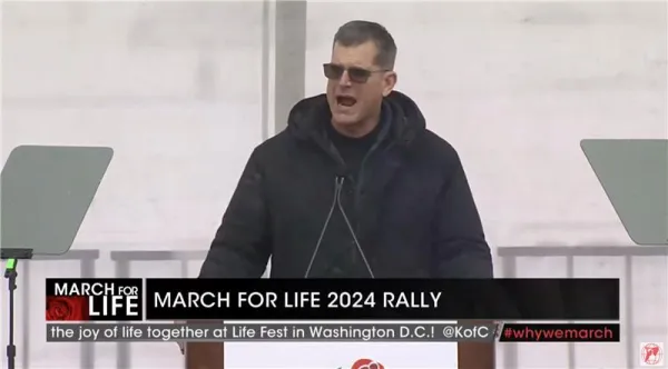 Jim Harbaugh, head coach of the Michigan Wolverines football team, introduces former NFL star Benjamin Watson at the March for Life rally Jan. 19, 2024, in Washington, D.C. Credit: EWTN