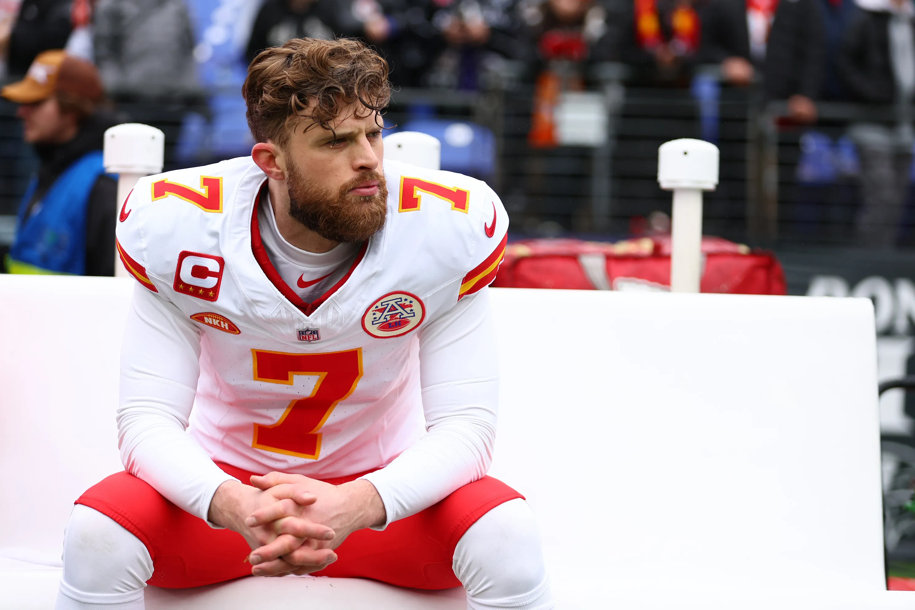 Harrison Butker on the sideline of the AFC Championship in Baltimore on January 28, 2024.?w=200&h=150