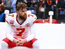 Harrison Butker on the sideline of the AFC Championship in Baltimore on January 28, 2024.
