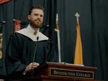 Kansas City Chiefs’ placekicker Harrison Butker speaks to college graduates in his commencement address at Benedictine College on Saturday, May 11, 2024.